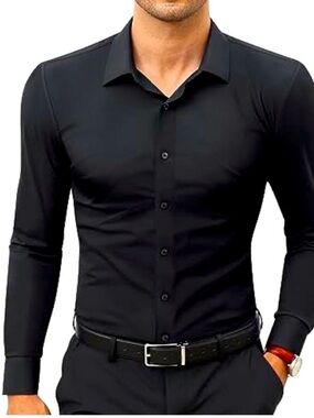 Spaidersilk Black Slim Fit Stretch Dress Shirt Mens Performance Button Down